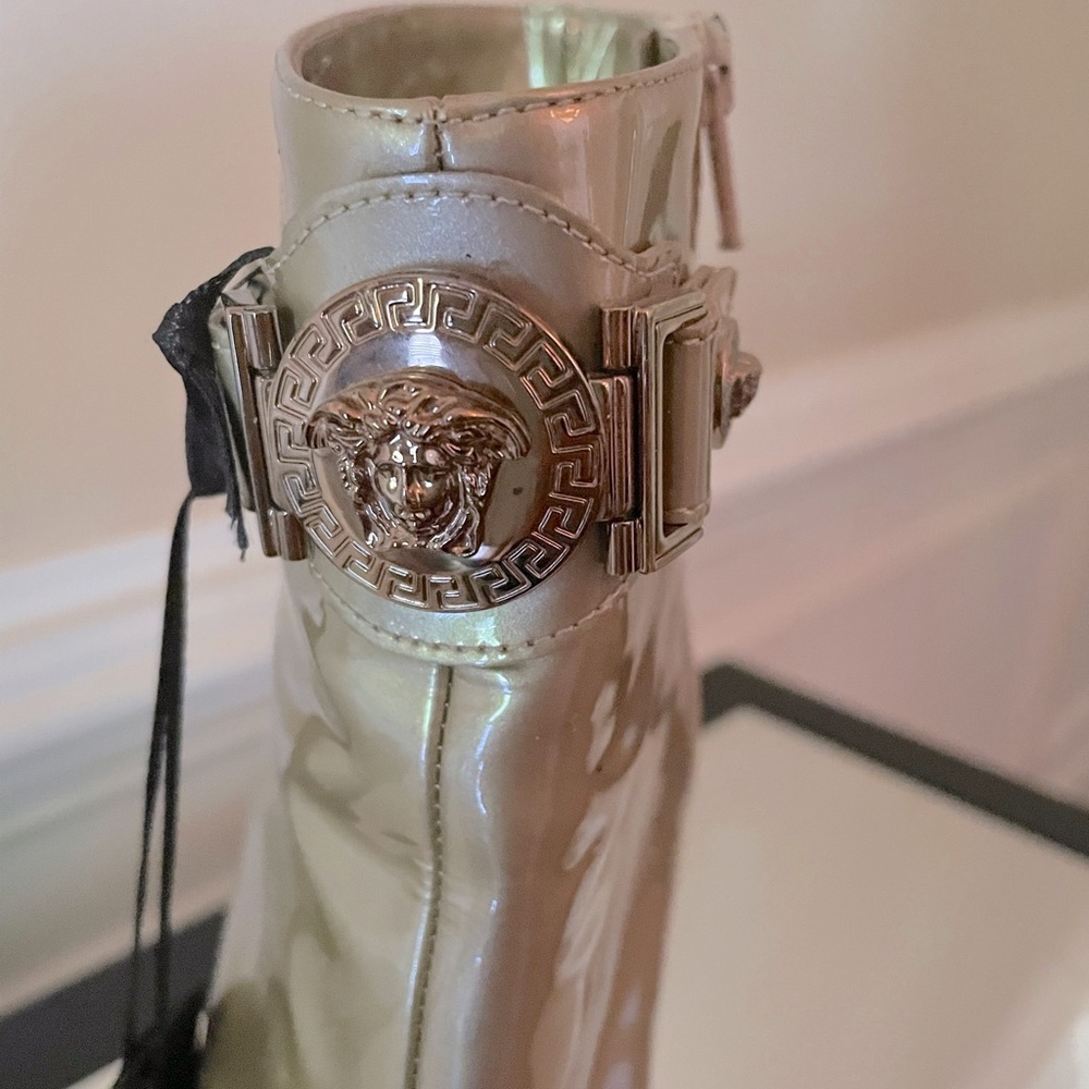 Versace Metallic Gold Patent Medusa Cuff Ankle Boots